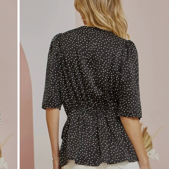NEW Andree by Unit Silky Polka Dot Faux Wrap Deep V Neck 1/2 Sleeves Preppy - Picture 14 of 16